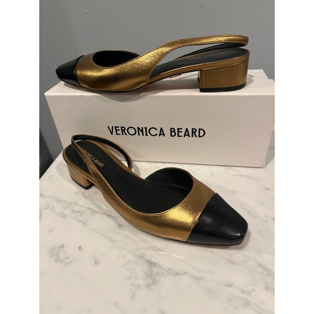 Veronica Beard Metallic Gold and Black Leather Slingback Block Heels Size 8 - Picture 1 of 5